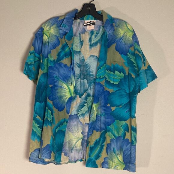 Hilo Hattie Hawaiian Shirt Blue & Green Cotton Tropical Palms ~ Sz M - Picture 4 of 7